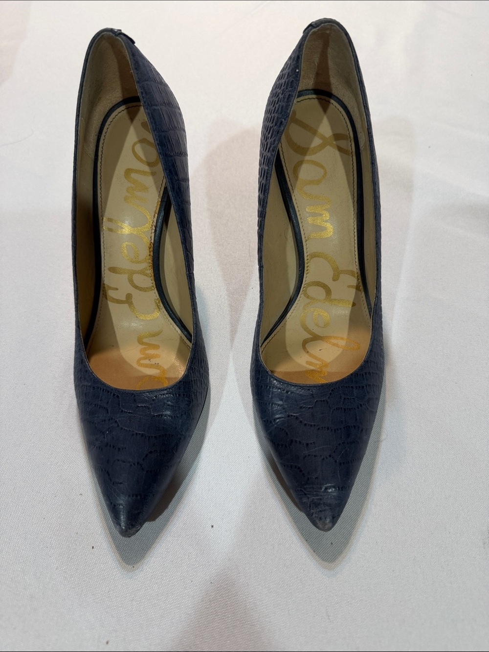 Sam Edelman Navy Croc-Embossed Pointed Toe Pumps